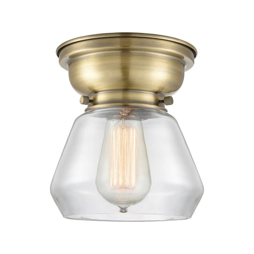 Innovations Fulton 7in 1-Light Flush Mount | Industrial Antique Brass Steel and Clear Glass | Hallway & Bathroom | 600 Lumens | Model 623-1F-AB-G172-LED