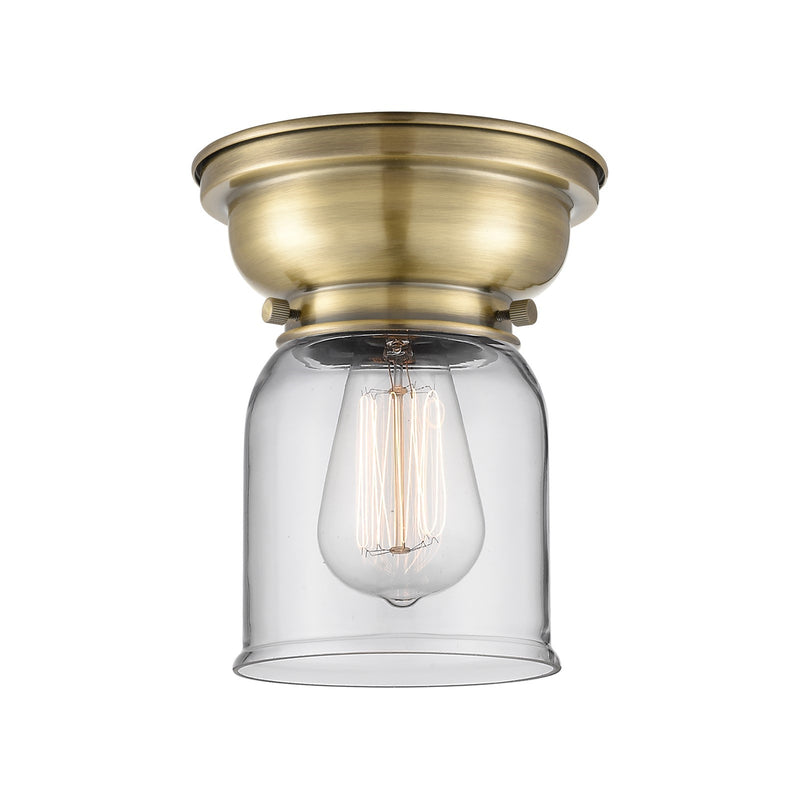 Innovations Bell 5in 1-Light Flush Mount | Industrial Farmhouse Antique Brass and Clear Glass | Bedroom & Hallway | 5 x 5 x 8 in | Model 623-1F-AB-G52-LED