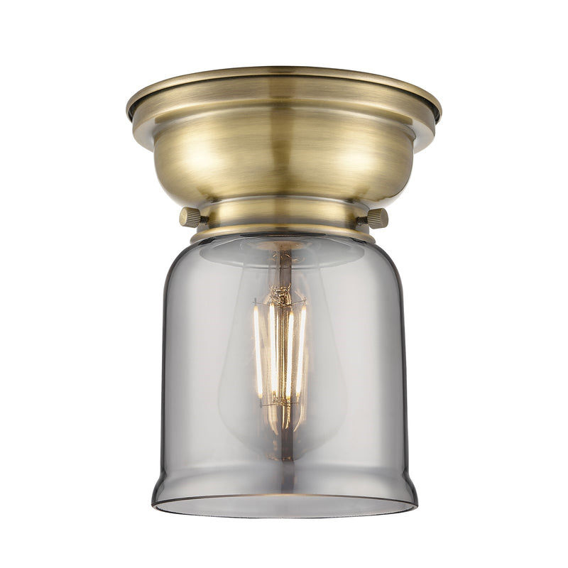 Innovations Bell 5in 1-Light Flush Mount | Industrial Antique Brass Steel and Light Smoke Glass | Damp-Rated Hallway & Bathroom | 5 | Model 623-1F-AB-G53