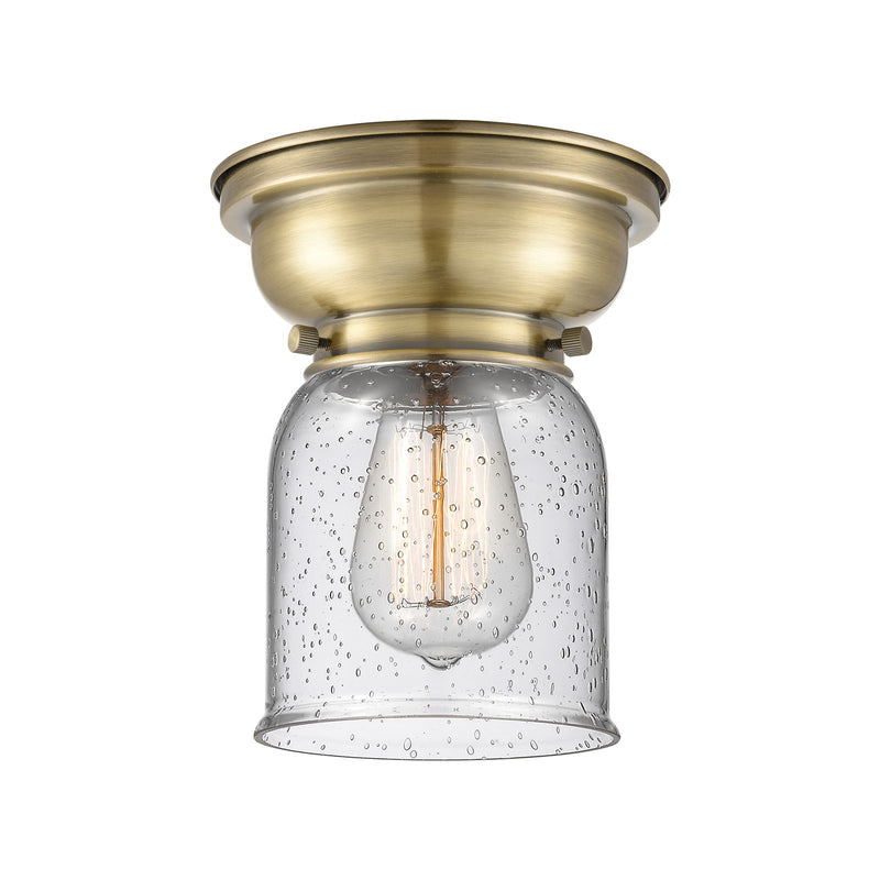 Innovations Bell 5in 1-Light Flush Mount | Industrial Antique Brass Steel and Seedy Glass | Hallway & Bathroom | 5 x 5 x 8 in | Model 623-1F-AB-G54