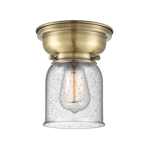 Innovations Bell 5in 1-Light Flush Mount | Industrial Antique Brass Steel and Seedy Glass | Hallway & Bathroom | 5 x 5 x 8 in | Model 623-1F-AB-G54