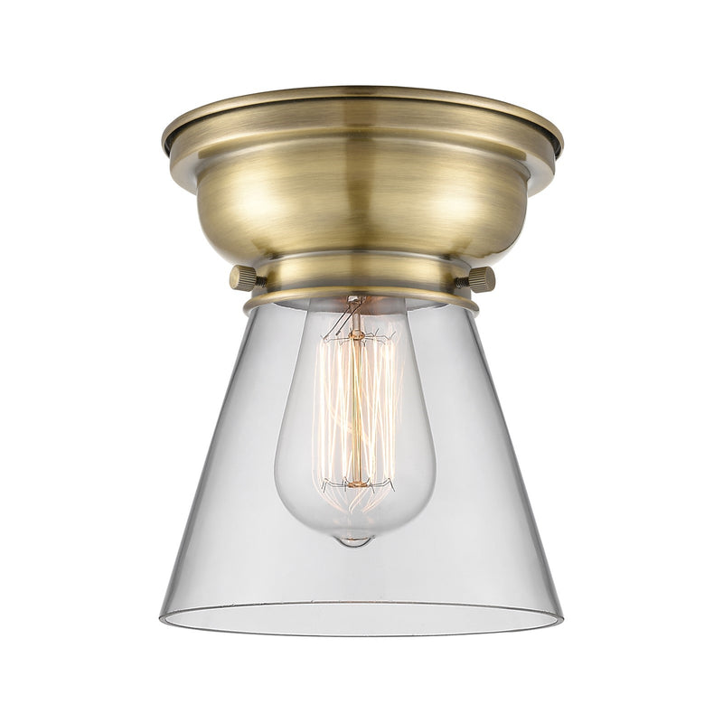 Innovations Cone 6.25in 1-Light Flush Mount | Industrial Antique Brass and Clear Glass | Hallway & Bedroom | 6.25 x 6.25 x 8.25 | Model 623-1F-AB-G62-LED