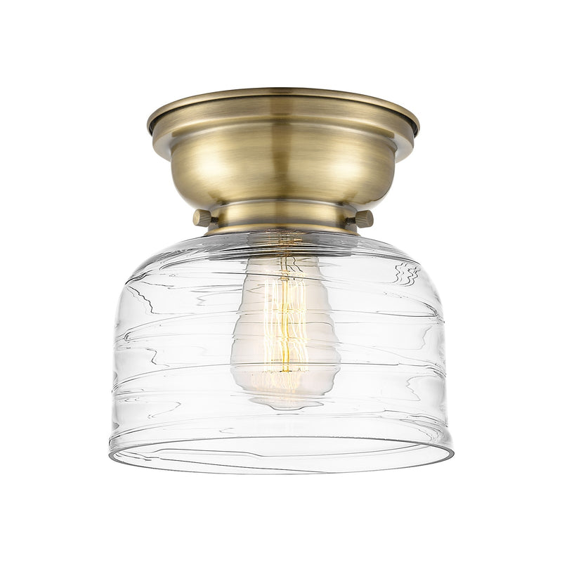 Innovations Bell 8in 1-Light Flush Mount | Industrial Antique Brass and Clear Deco Swirl Glass | Damp-Rated Hallway & Bathroom | Model 623-1F-AB-G713