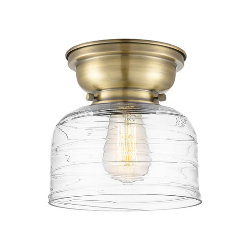 Innovations Bell 8in 1-Light Flush Mount | Industrial Antique Brass and Clear Deco Swirl Glass | Damp-Rated Hallway & Bathroom | Model 623-1F-AB-G713