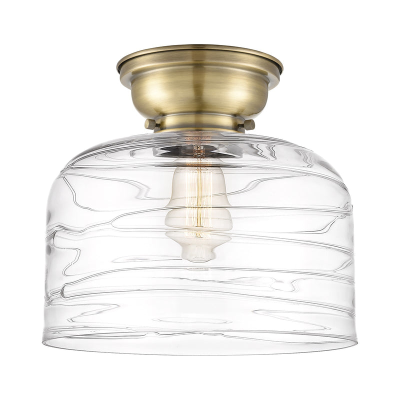 Innovations Bell 11.5in 1-Light Flush Mount | Industrial Antique Brass Steel and Clear Deco Swirl Glass | Entryway & Hallway | Model 623-1F-AB-G713-L