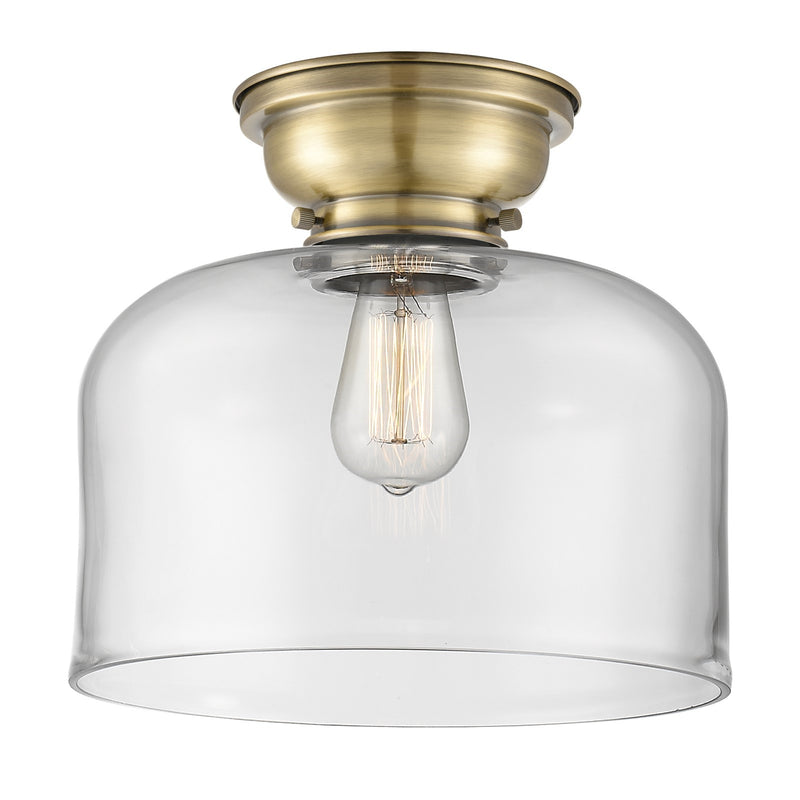 Innovations Bell 11.5in 1-Light Flush Mount | Industrial Farmhouse Antique Brass Steel and Clear Glass | Damp Location | Model 623-1F-AB-G72-L-LED