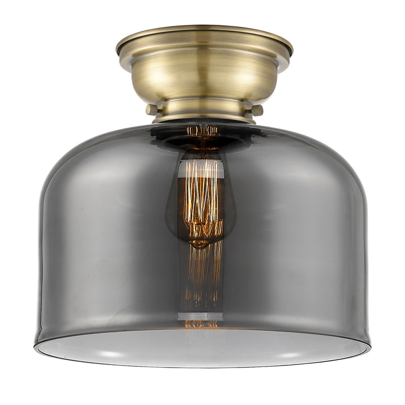 Innovations Bell 12in 1-Light Flush Mount | Industrial Farmhouse Antique Brass and Light Smoke Glass | Hallway & Bedroom | Model 623-1F-AB-G73-L-LED
