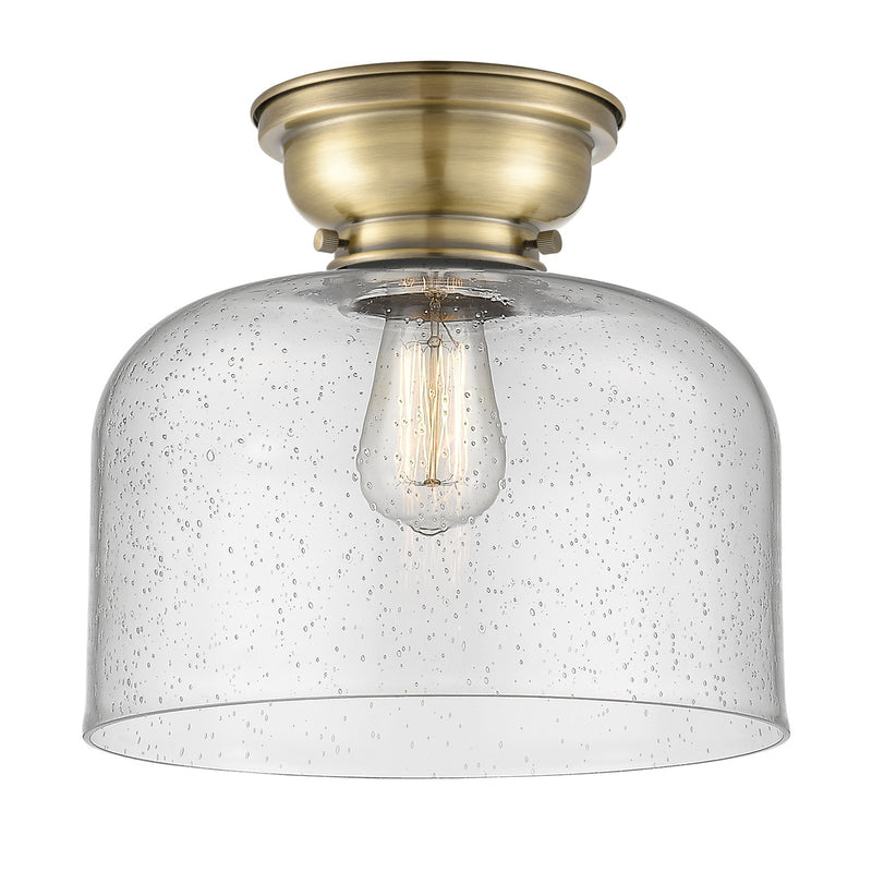 Innovations Bell 11.5in 1-Light Flush Mount | Industrial Antique Brass Steel and Seedy Glass | Bedroom & Hallway | 11.5 x 11.5 | Model 623-1F-AB-G74-L-LED