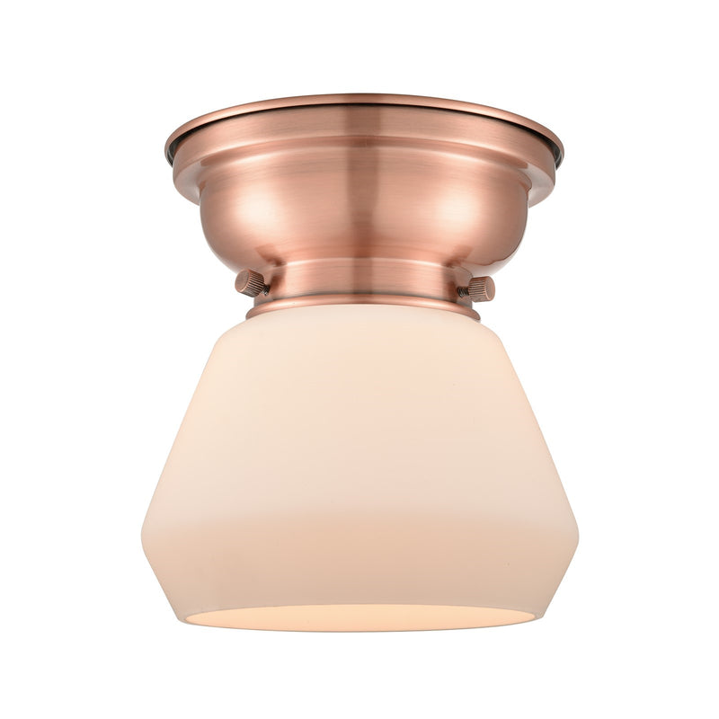 Innovations Fulton 7in 1-Light Flush Mount | Industrial Antique Copper Steel and Matte White Frosted Glass | Damp-Rated Hallway & | Model 623-1F-AC-G171
