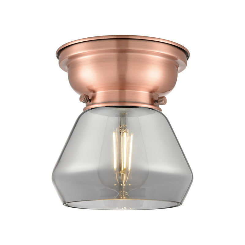 Innovations Fulton 7in 1-Light Flush Mount | Industrial Farmhouse Antique Copper Steel and Light Smoke Glass | Damp-Rated | Model 623-1F-AC-G173-LED