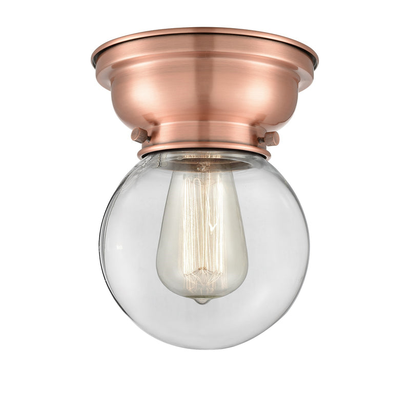 Innovations Beacon 6in 1-Light Flush Mount | Industrial Antique Copper Steel and Clear Glass | Hallway & Bathroom | 6 x 6 x | Model 623-1F-AC-G202-6-LED
