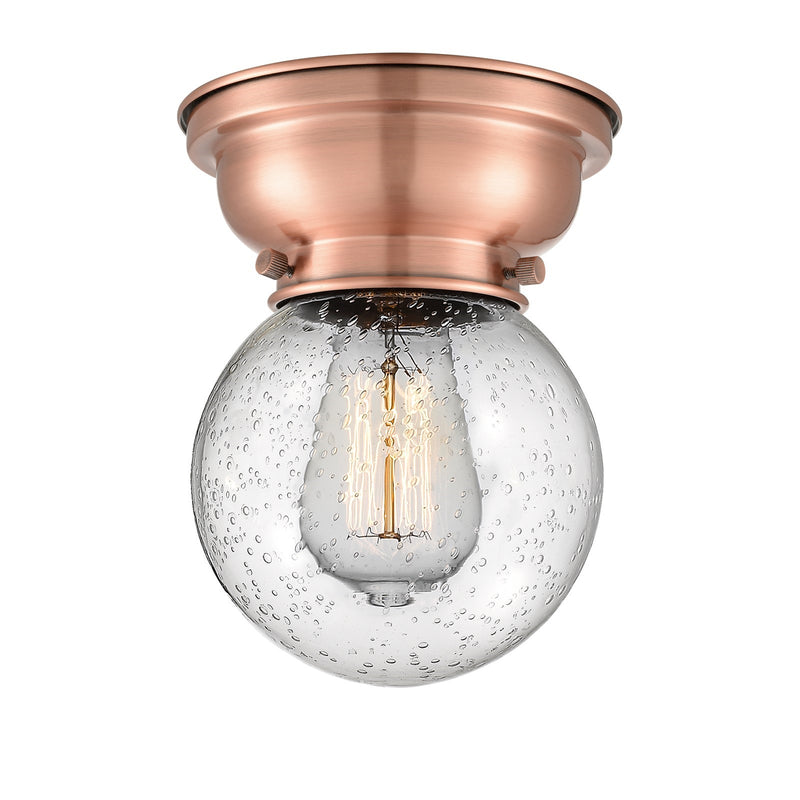 Innovations Beacon 6in 1-Light Flush Mount | Industrial Antique Copper Steel and Seedy Glass | Bedroom & Hallway | 600 Lumens | Model 623-1F-AC-G204-6-LED