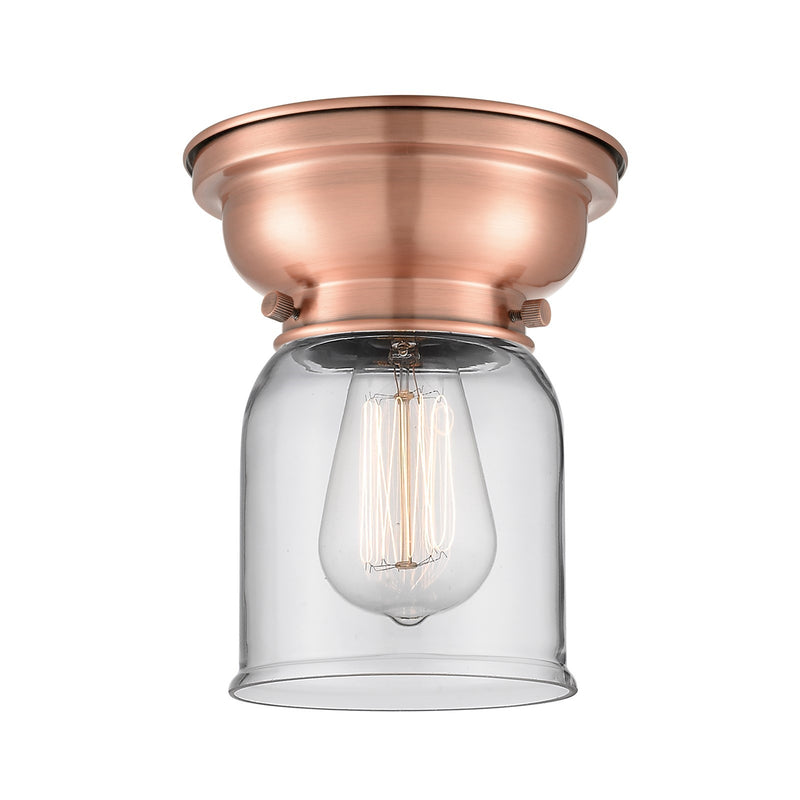 Innovations Bell 5in 1-Light Flush Mount | Industrial Farmhouse Antique Copper Steel and Clear Glass | Hallway & Bathroom | 5 x | Model 623-1F-AC-G52-LED