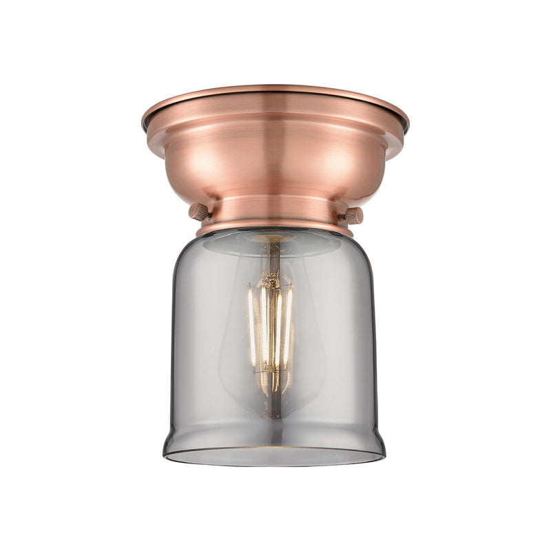 Innovations Bell 5in 1-Light Flush Mount | Industrial Antique Copper Steel and Light Smoke Glass | Hallway & Bathroom | 5 x 5 x 8 in | Model 623-1F-AC-G53
