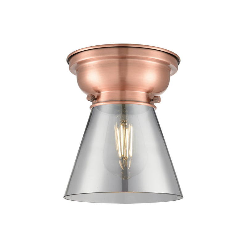 Innovations Cone 6.25in 1-Light Flush Mount | Industrial Antique Copper and Light Smoke Glass | Damp-Rated Hallway & Bathroom | 6.25 | Model 623-1F-AC-G63