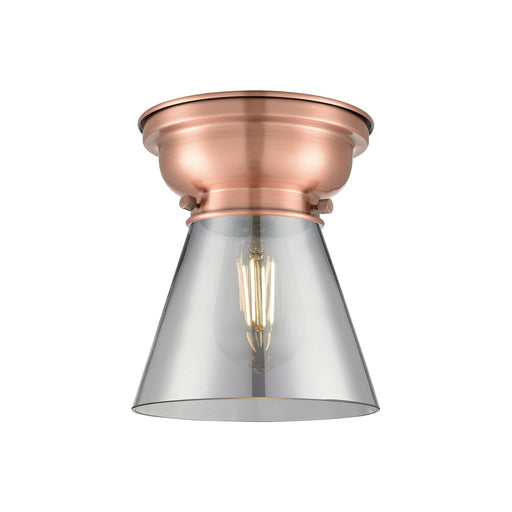 Innovations Cone 6.25in 1-Light Flush Mount | Industrial Antique Copper and Light Smoke Glass | Damp-Rated Hallway & Bathroom | 6.25 | Model 623-1F-AC-G63