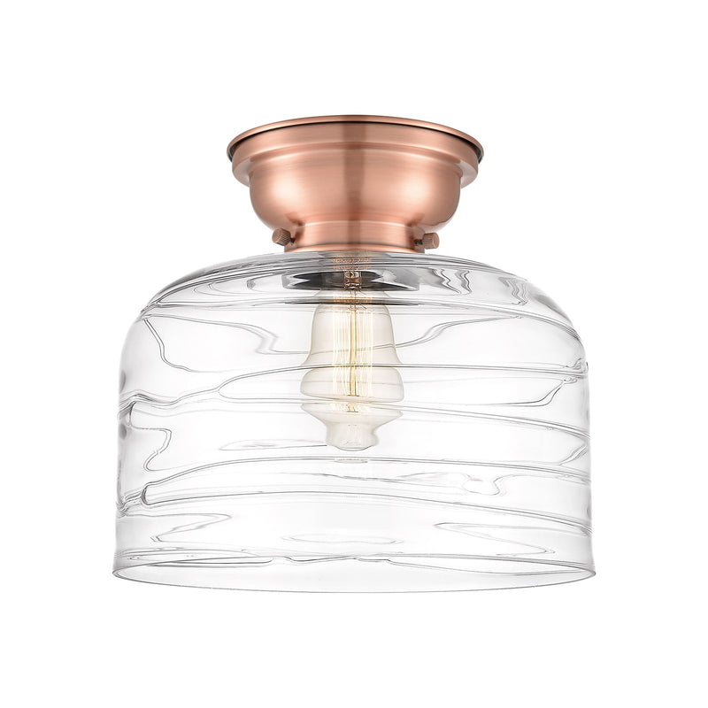 Innovations Bell 11.5in 1-Light Flush Mount | Industrial Farmhouse Antique Copper Steel and Clear Deco Swirl Glass | Entryway | Model 623-1F-AC-G713-L-LED