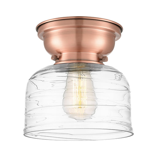 Innovations Bell 8in 1-Light Flush Mount | Industrial Antique Copper and Clear Deco Swirl Glass | Hallway & Bathroom | 7.75 x 8 | Model 623-1F-AC-G713-LED