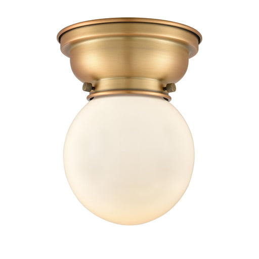 Innovations Beacon 6in 1-Light Flush Mount | Industrial Brushed Brass and Matte White Frosted Glass | Hallway & Bathroom Ceiling | Model 623-1F-BB-G201-6