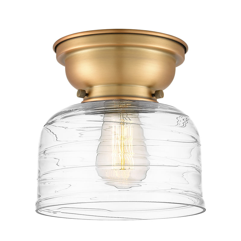 Innovations Bell 8in 1-Light Flush Mount | Industrial Brushed Brass and Clear Deco Swirl Glass | Entryway & Hallway | 7.75 x 8 in | Model 623-1F-BB-G713