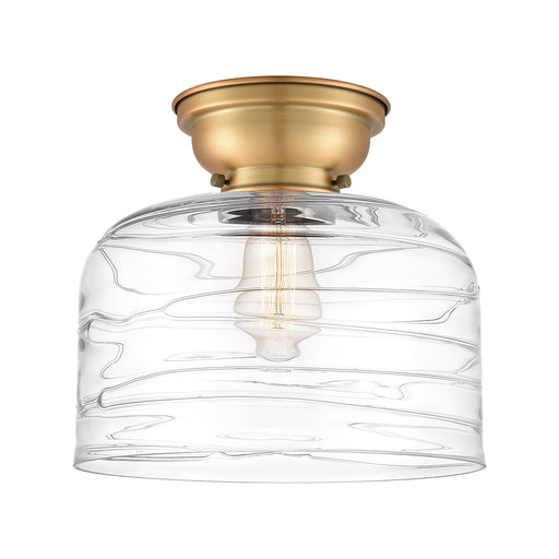 Innovations Bell 11.5in 1-Light Flush Mount | Industrial Farmhouse Brushed Brass and Clear Deco Swirl Glass | Entryway & Hallway | Model 623-1F-BB-G713-L