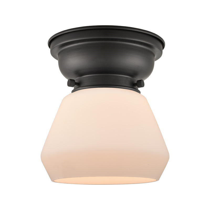 Innovations Fulton 7in 1-Light Flush Mount | Industrial Farmhouse Matte Black Steel and Matte White Frosted Glass | Bathroom & | Model 623-1F-BK-G171-LED