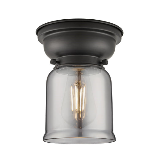 Innovations Bell 5in 1-Light Flush Mount | Industrial Matte Black Steel and Light Smoke Glass | Bedroom & Hallway | 5 x 5 x 8 | Model 623-1F-BK-G53-LED