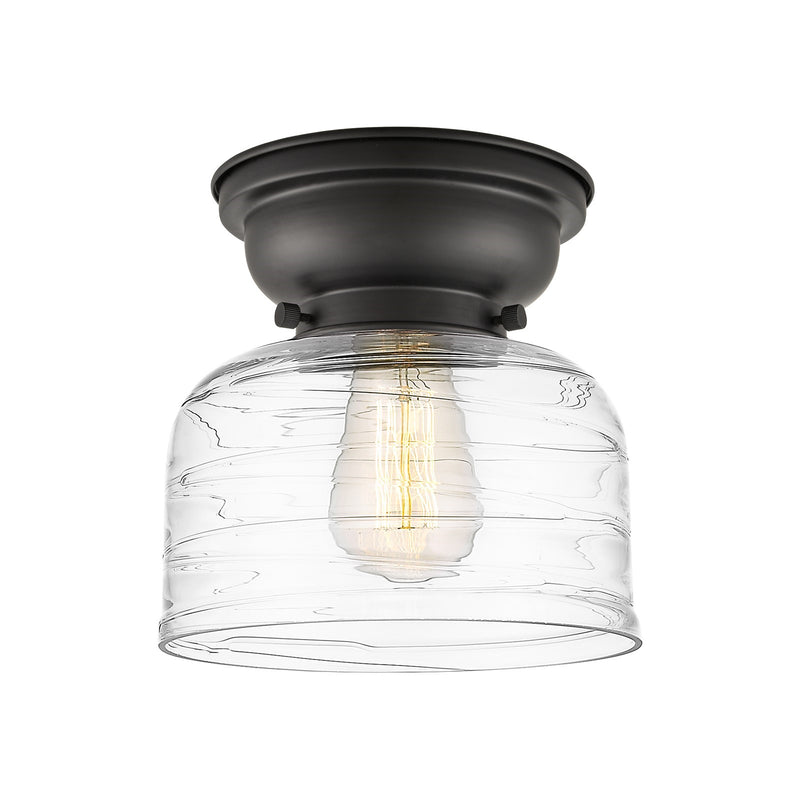 Innovations Bell 8in 1-Light Flush Mount | Industrial Farmhouse Matte Black Steel and Clear Deco Swirl Glass | Entryway & Hallway | Model 623-1F-BK-G713