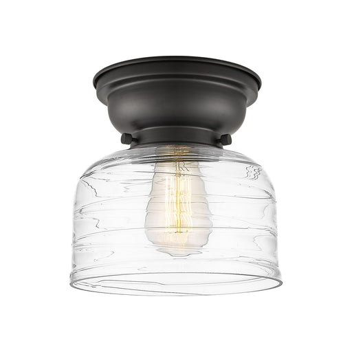 Innovations Bell 8in 1-Light Flush Mount | Industrial Matte Black Steel and Clear Deco Swirl Glass | Hallway & Bathroom | 7.75 | Model 623-1F-BK-G713-LED