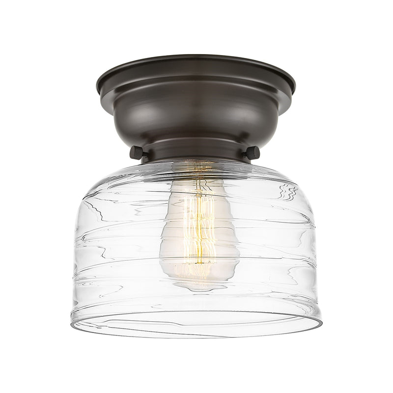 Innovations Bell 8in 1-Light Flush Mount | Industrial Oil Rubbed Bronze Steel and Clear Deco Swirl Glass | Hallway & Entryway | Model 623-1F-OB-G713