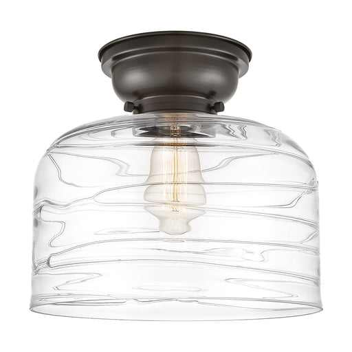 Innovations Bell 11.5in 1-Light Flush Mount | Industrial Oil Rubbed Bronze Steel and Clear Deco Swirl Glass | Hallway & Entryway | Model 623-1F-OB-G713-L
