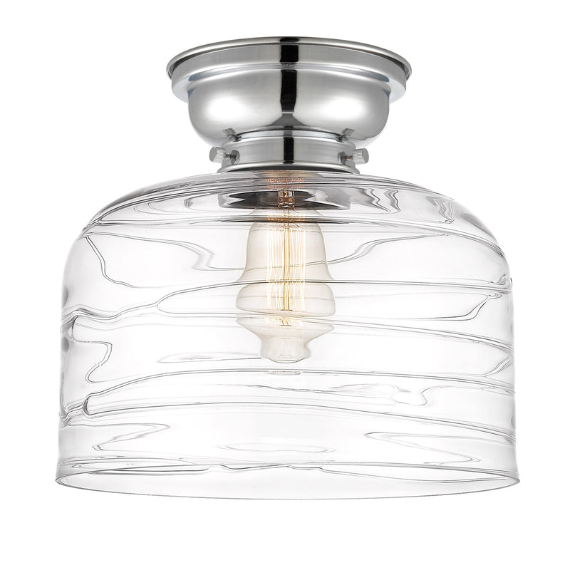 Innovations Bell 12in 1-Light Flush Mount | Industrial Farmhouse Polished Chrome and Clear Deco Swirl Glass | Entryway & Hallway | Model 623-1F-PC-G713-L