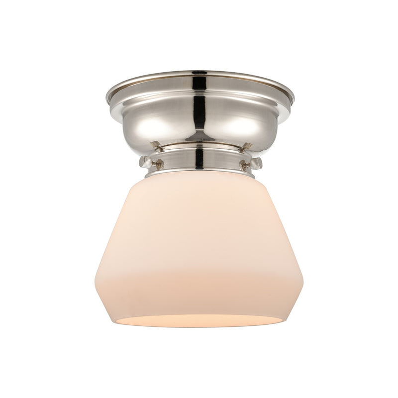 Innovations Fulton 7in 1-Light Flush Mount | Industrial Polished Nickel and Matte White Frosted Glass | Bathroom & Hallway | 7 x 7 | Model 623-1F-PN-G171
