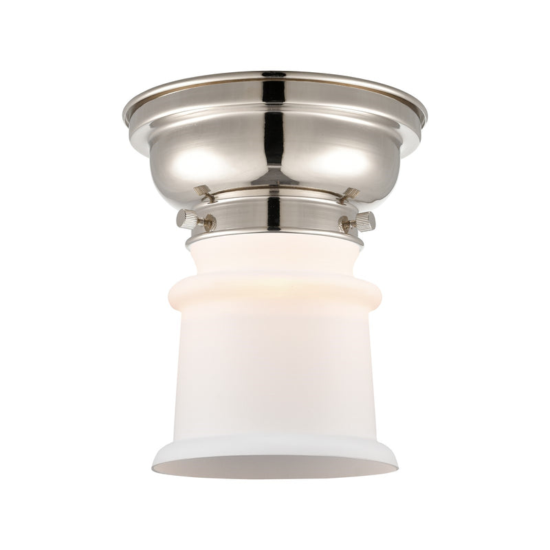 Innovations Canton 5.25in 1-Light Flush Mount | Industrial Farmhouse Polished Nickel and Matte White Frosted Glass | Damp-Rated | Model 623-1F-PN-G181S
