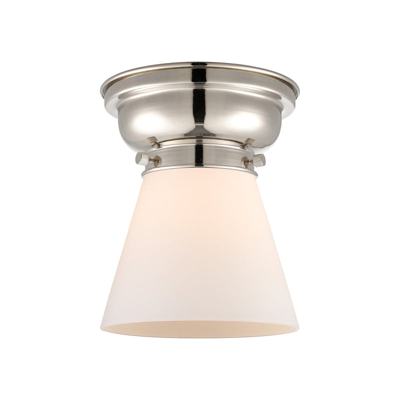 Innovations Cone 6.25in 1-Light Flush Mount | Industrial Polished Nickel and Matte White Frosted Glass | Bathroom & Hallway | Model 623-1F-PN-G61-LED
