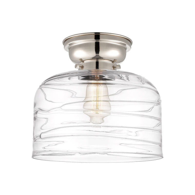 Innovations Bell 11.5in 1-Light Flush Mount | Industrial Farmhouse Polished Nickel and Clear Deco Swirl Glass | Entryway & | Model 623-1F-PN-G713-L