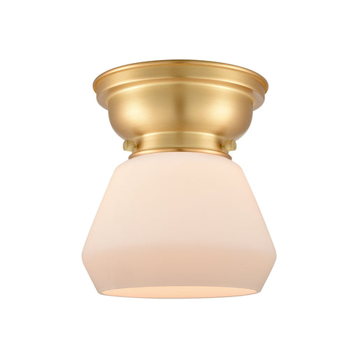 Innovations Fulton 7in 1-Light Flush Mount | Industrial Farmhouse Satin Gold Steel and Matte White Frosted Glass | Bathroom & | Model 623-1F-SG-G171