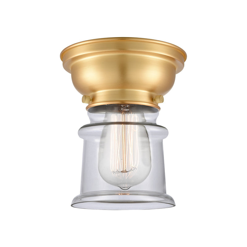 Innovations Canton 6in 1-Light Flush Mount | Industrial Satin Gold Steel and Clear Glass | Hallway & Bathroom | 5.25 x 7.75 in | Model 623-1F-SG-G182S-LED