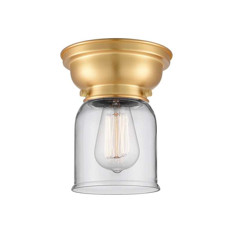 Innovations Bell 5in 1-Light Flush Mount | Industrial Farmhouse Satin Gold Steel and Clear Glass | Bedroom & Hallway | 5 x 8 in | Model 623-1F-SG-G52-LED