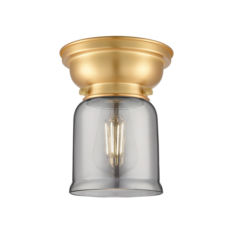 Innovations Bell 5in 1-Light Flush Mount | Industrial Farmhouse Satin Gold Steel and Light Smoke Glass | Entryway & Hallway | 5 x 5 | Model 623-1F-SG-G53