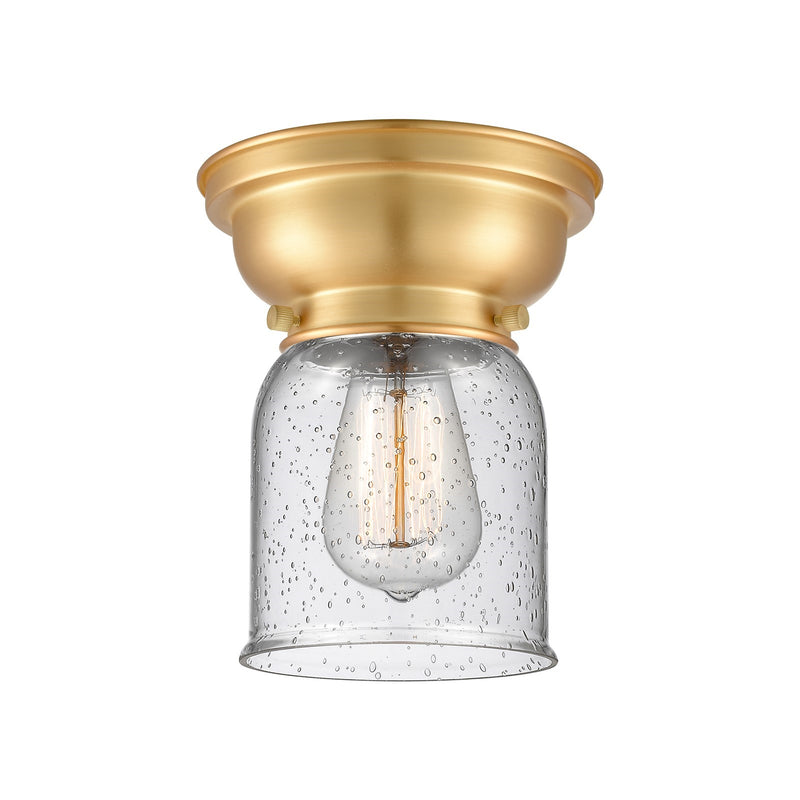 Innovations Bell 5in 1-Light Flush Mount | Industrial Farmhouse Satin Gold Steel and Seedy Glass | Bathroom & Hallway Damp-Rated | Model 623-1F-SG-G54-LED