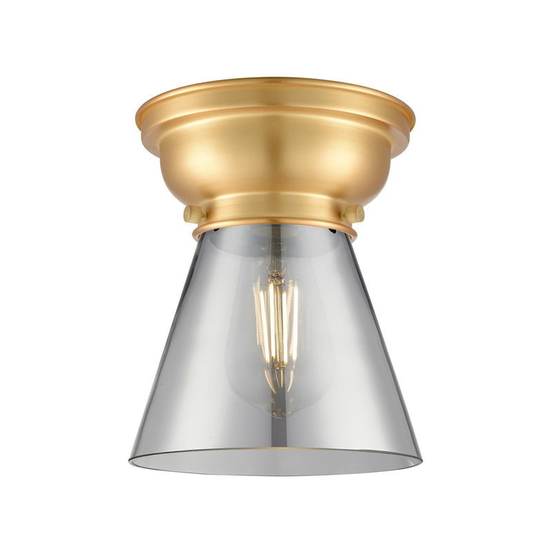 Innovations Cone 6.25in 1-Light Flush Mount | Industrial Farmhouse Satin Gold Steel and Light Smoke Glass | Damp Location | Model 623-1F-SG-G63-LED