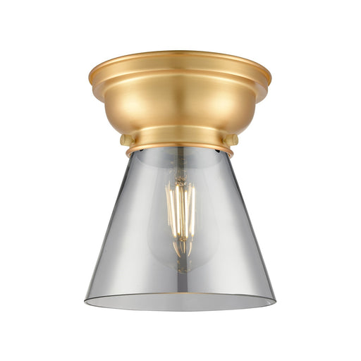 Innovations Cone 6.25in 1-Light Flush Mount | Industrial Farmhouse Satin Gold Steel and Light Smoke Glass | Damp Location | Model 623-1F-SG-G63-LED