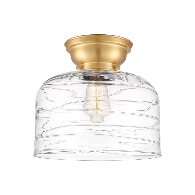 Innovations Bell 11.5in 1-Light Flush Mount | Industrial Farmhouse Satin Gold Steel and Clear Deco Swirl Glass | Entryway & | Model 623-1F-SG-G713-L