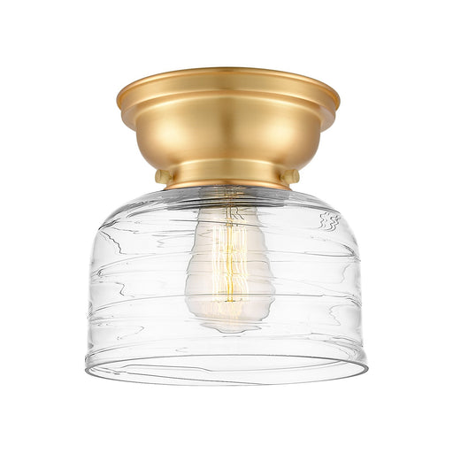 Innovations Bell 8in 1-Light Flush Mount | Industrial Satin Gold Steel and Clear Deco Swirl Glass | Hallway & Bathroom | 7.75 x | Model 623-1F-SG-G713-LED