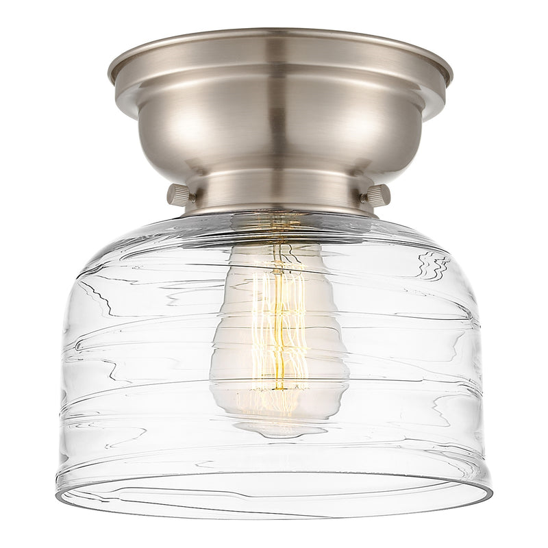 Innovations Bell 8in 1-Light Flush Mount | Industrial Farmhouse Brushed Satin Nickel and Clear Deco Swirl Glass | Damp Rated | Model 623-1F-SN-G713-LED
