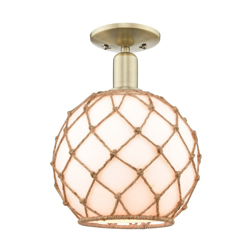 Innovations Farmhouse Rope 10in 1-Light Semi-Flush Mount | Industrial Antique Brass and Matte White Glass with Brown Rope | Model 716-1C-AB-G121-10RB