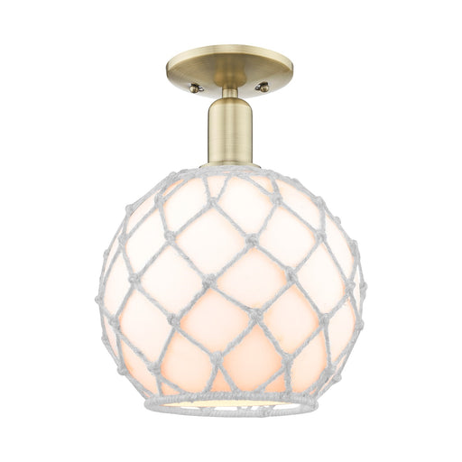 Innovations Farmhouse Rope 10in 1-Light Semi-Flush Mount | Industrial Antique Brass Steel and White Glass with Rope | Entryway | Model 716-1C-AB-G121-10RW