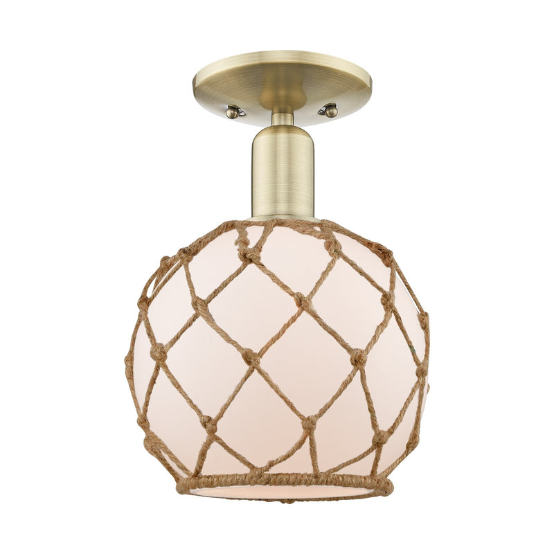 Innovations Farmhouse Rope 8in 1-Light Semi-Flush Mount | Industrial Antique Brass Steel and White Frosted Glass with Brown | Model 716-1C-AB-G121-8RB