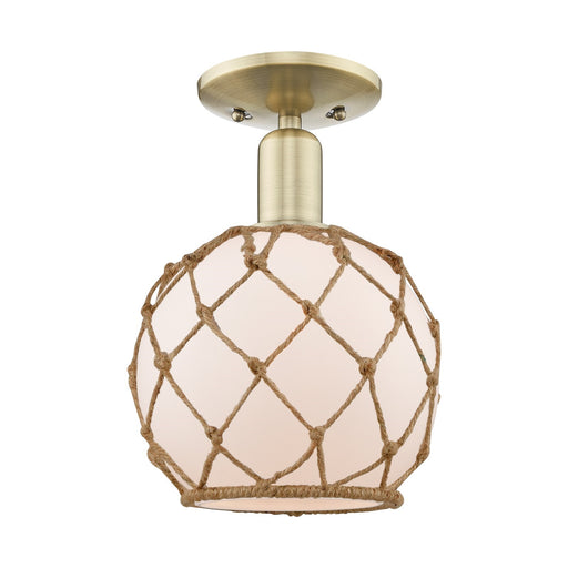 Innovations Farmhouse Rope 8in 1-Light Semi-Flush Mount | Industrial Antique Brass Steel and White Frosted Glass with Brown | Model 716-1C-AB-G121-8RB